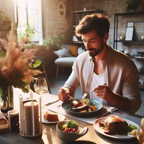 A man eating a meal mindfully and savoring every bite