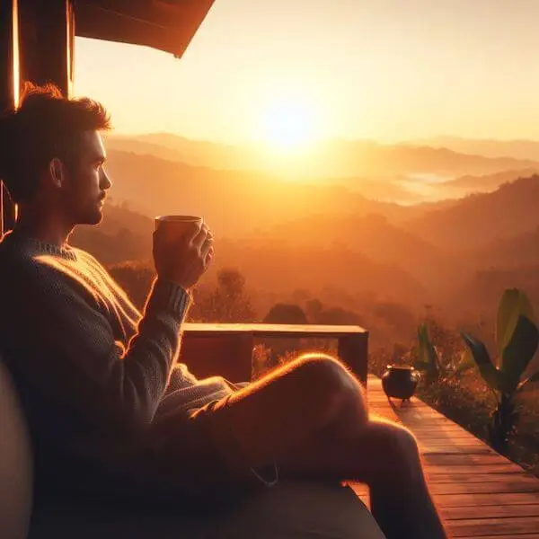 A man having coffee and enjoying the sunrise