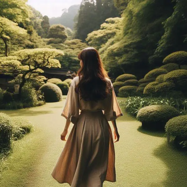 A young woman walking mindfully in a tranquil garden