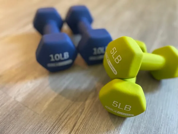 Mini weights used for a post-holidays workout