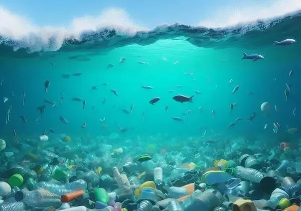 An ocean contaminated with single-use plastics