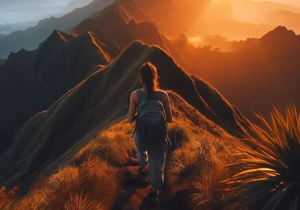 A woman hiking up a mountain and embracing the journey