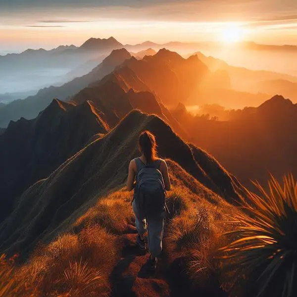 A woman hiking up a mountain and embracing the journey