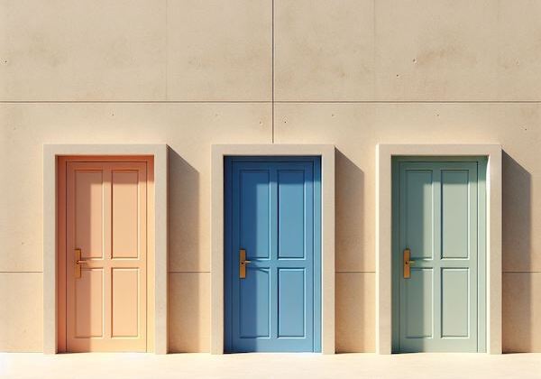 Three doors aligned behind a beige concrete wall, symbolizing alternative to new year’s resolutions