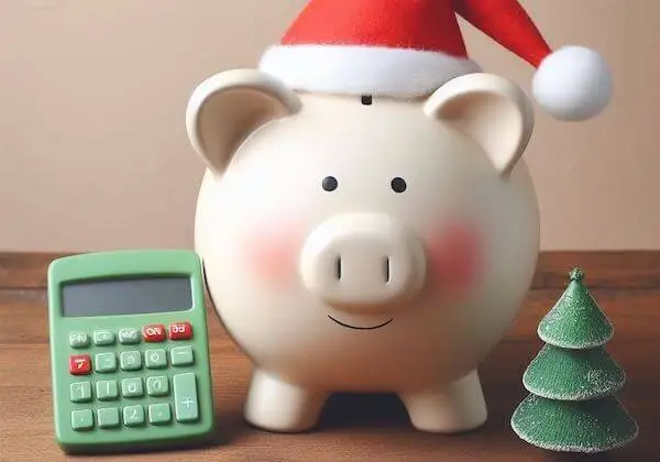 A piggy bank in a Santa hat with a calculator beside, symbolizing the need to plan a budget for the holidays