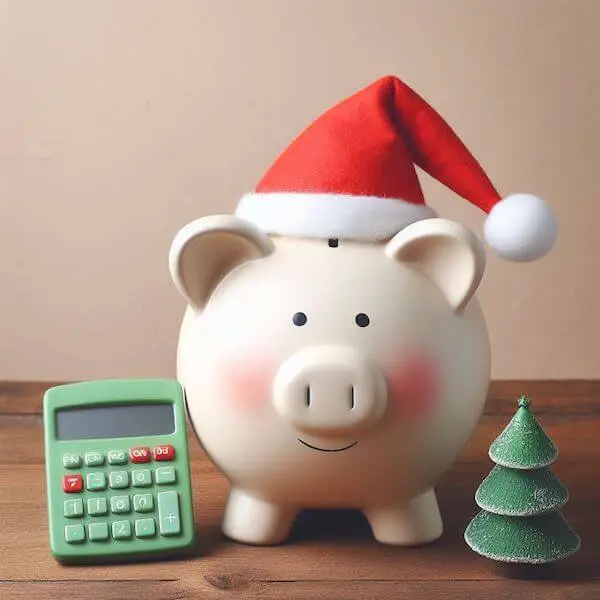 A piggy bank in a Santa hat with a calculator beside, symbolizing the need to plan a budget for the holidays