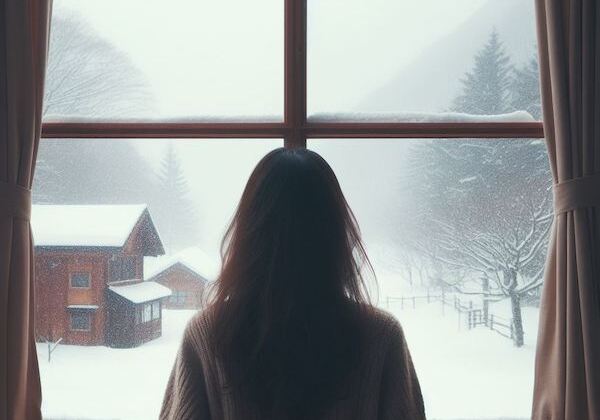 A woman gazing out the window, experiencing the winter blues