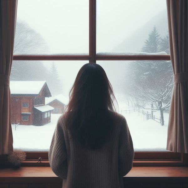 A woman gazing out the window, experiencing the winter blues