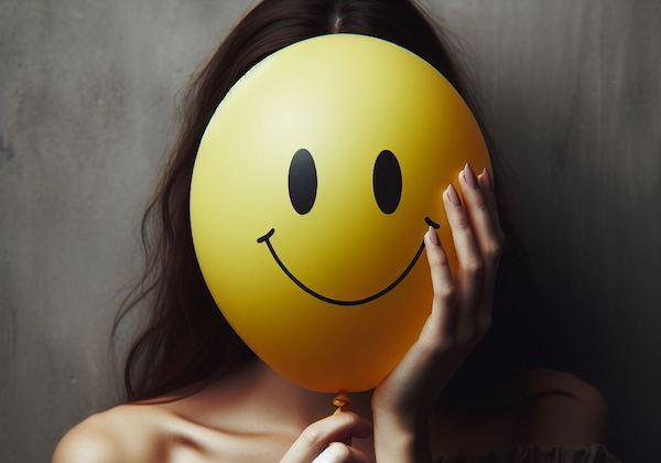 A woman hides behind a smiley balloon, symbolizing the damage of toxic positivity on mental health