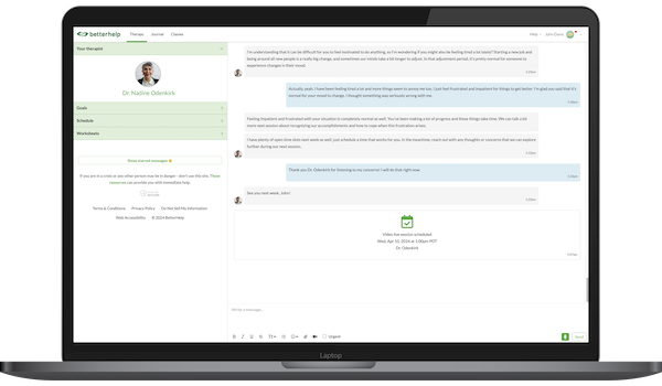 You can send messages to your therapist at any time on BetterHelp